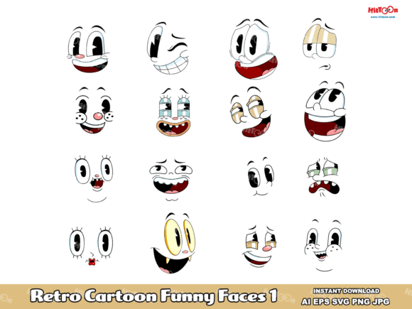 Retro Cartoon Funny Faces Character 1 Afbeelding Afdrukbare Illustraties Door HitToon