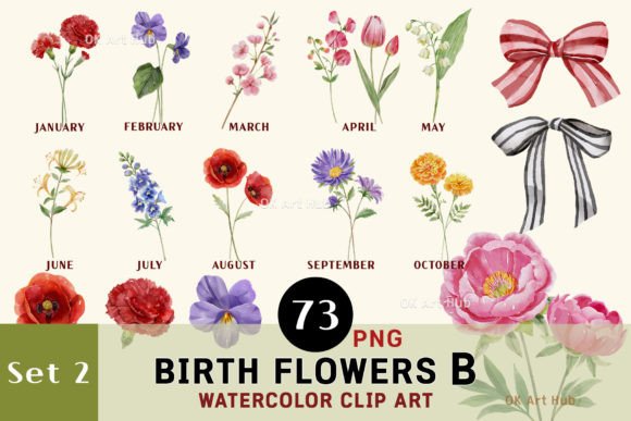Watercolor Birth Month Flowers & Bows Illustration Illustrations Imprimables Par OK Art Hub