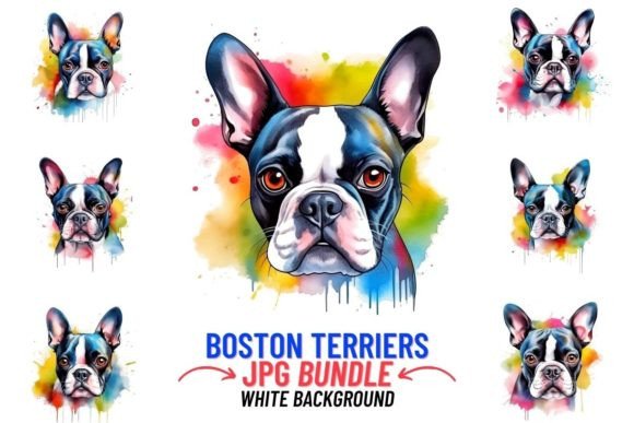 Watercolor Boston Terriers 12 JPG Gráfico Ilustraciones IA Por DigitalCreativeDen