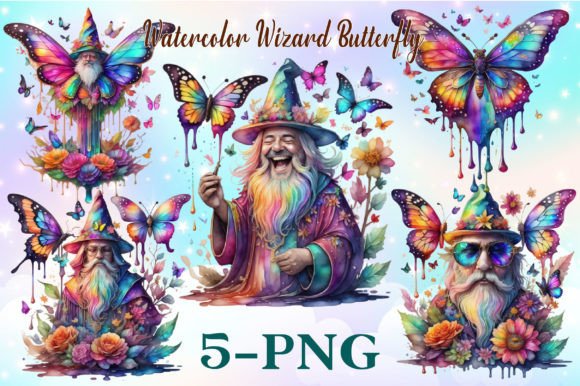 Watercolor Wizard with Butterfly Clipart Gráfico Ilustraciones Imprimibles Por LR ART