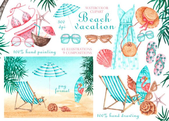 Beach Vacation Watercolor Clipart. Sea Graphic Illustrations By sabina.zhukovets