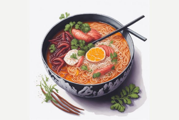 Watercolor Korean Kimchi Ramen Afbeelding AI Illustraties Door ANE