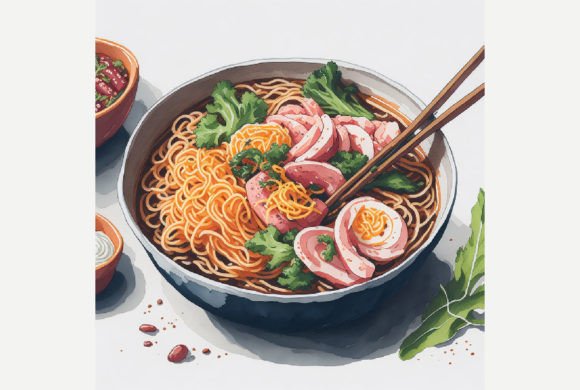 Watercolor Korean Kimchi Ramen / Noodle Afbeelding AI Illustraties Door ANE
