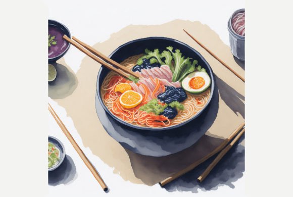 Watercolor Korean Seafood Ramen Gráfico Ilustraciones IA Por ANE