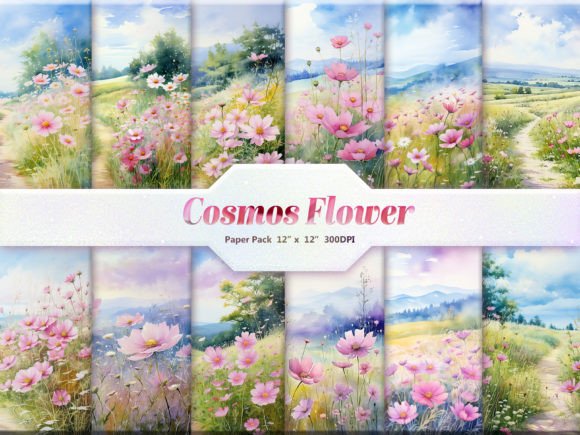 Cosmos Flower Field Digital Paper Pack Illustration Fonds d'Écran Par DifferPP