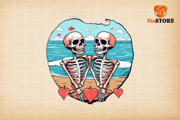 Skull Couple on Beach Grafik Druck-Vorlagen Von TiinStore