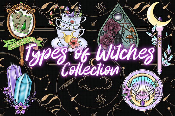 Types of Witches Collection Graphic Illustrations By Chaos Kitty
