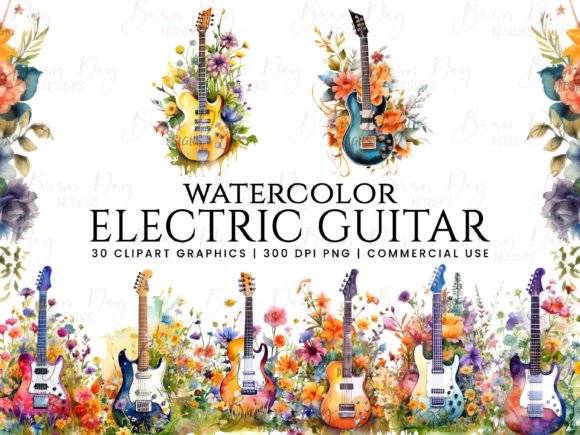 Watercolor Electric Guitar Clipart Graphic Illustrations By busydaydesign
