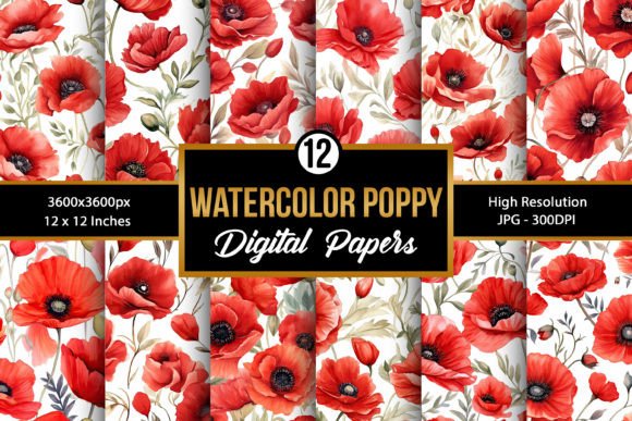 Watercolor Poppy Flowers Digital Papers Grafik Papier-Muster Von Creative Store