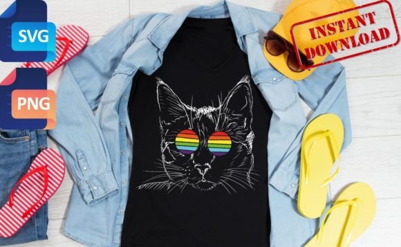 Cat Gay Pride LGBT Rainbow Sunglasses Illustration Designs de T-shirts Par Tees Partner