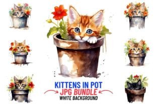 Watercolor Kittens in Pot 12 JPG Clipart Afbeelding AI Illustraties Door DigitalCreativeDen 1