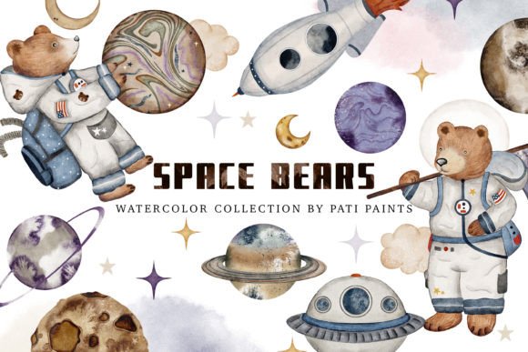 Watercolor Space Bears Nursery Cute Set Graphic Druckbare Illustrationen By patipaintsco