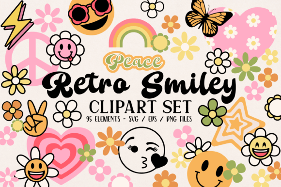 Retro Happy Smiles Clipart - Pastel SVG Grafik Druckbare Illustrationen Von simiswimstudio