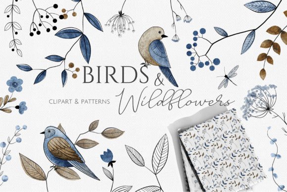 Birds & Wildflowers Watercolor Clipart Graphic Illustrations By DervikArtStore