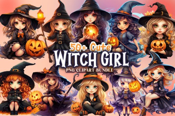 Cute Halloween Witch Girl Clipart Bundle Graphic AI Illustrations By Universtock