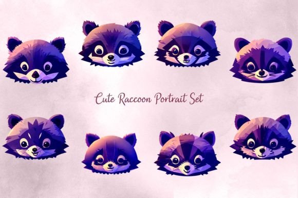 Cute Raccoon Portrait Set Graphic Illustrations By The Digital Dreamland