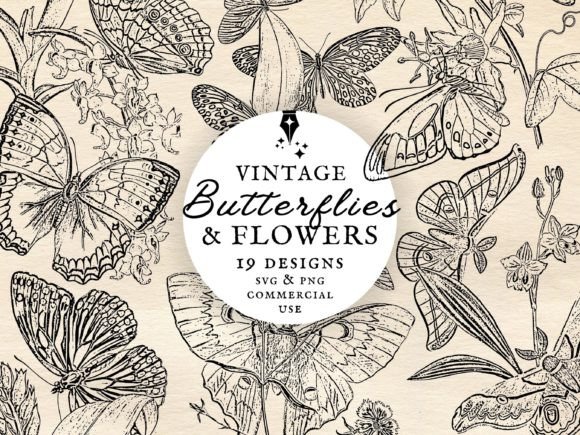 Vintage Butterflies & Flowers Clipart Graphic Illustrations By HouseOfClipart