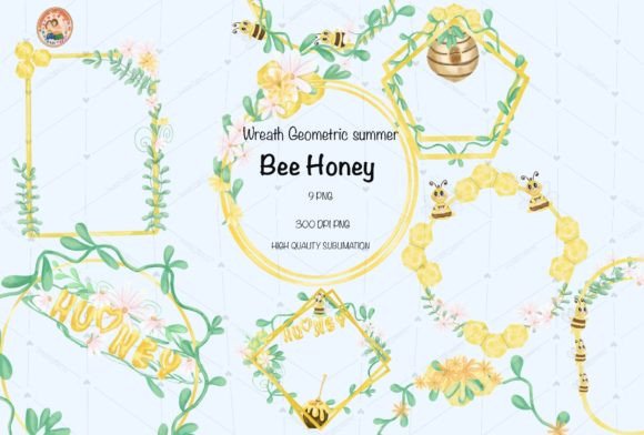 Wreath Bee Honey,Frame Honey,Frame Flowe Graphic Illustrations By Noomam Happy digital Art