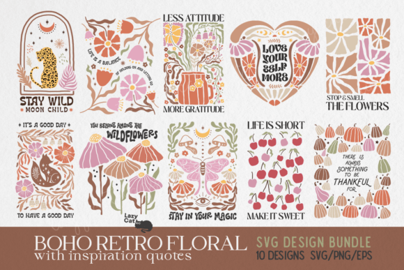 Boho Retro Flowers SVG PNG Bundle Graphic Crafts By Lazy Cat