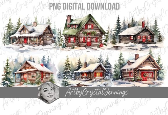 Christmas Log Cabin Watercolor House PNG Graphic Illustrations By ArtbyCrystalJennings
