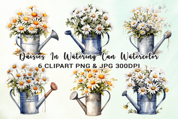 Daisies in Watering Can Watercolor Graphic Crafts By Venime
