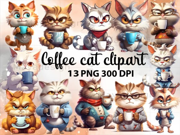 Funny Coffee Cat Sublimation Clipart Png Grafika Ilustracje do Druku Przez Maya Design
