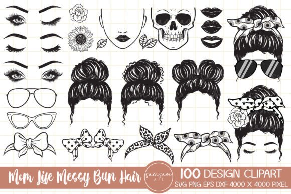 Mom or Girl Life Messy Bun Hair Clip Art Gráfico Plantillas de Impresión Por Samsam Art