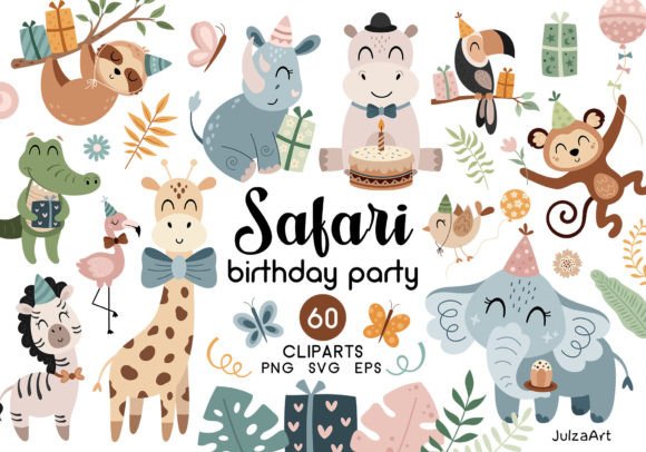 Safari Birthday Clipart, Birthday Svg Grafik Druckbare Illustrationen Von JulzaArt
