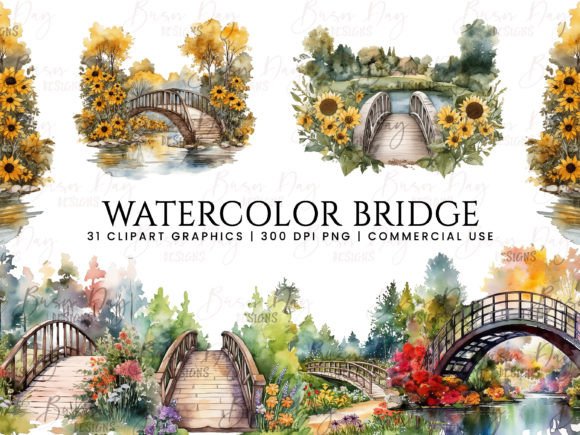 Watercolor Bridge Clipart Bundle Afbeelding Afdrukbare Illustraties Door busydaydesign