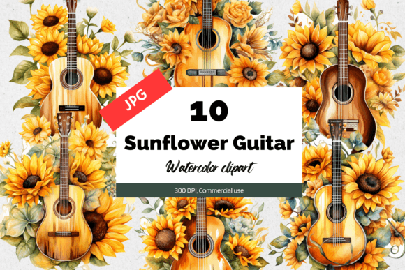 Watercolor Sunflowers and Guitar Clipart Graphic AI Illustrations By KiwiCakeStudio