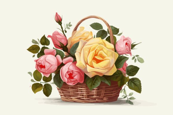 Yellow and Pink Roses in Basket Illustration Modèles d'Impression Par bmhasan98
