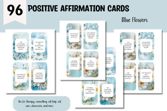 Positive Affirmation Cards- Blue Flowers Graphic Print Templates By Niki Lyn Digital Design