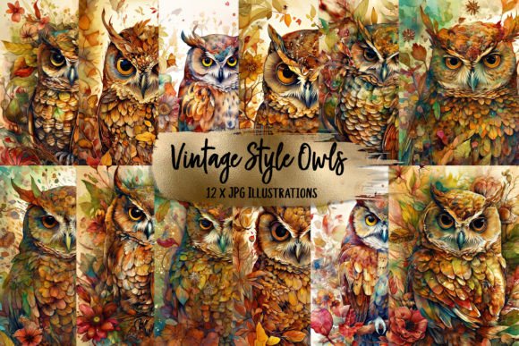 Vintage Style Watercolor Autumn Owls Graphic Illustrations By Digital Magpie Design Studio