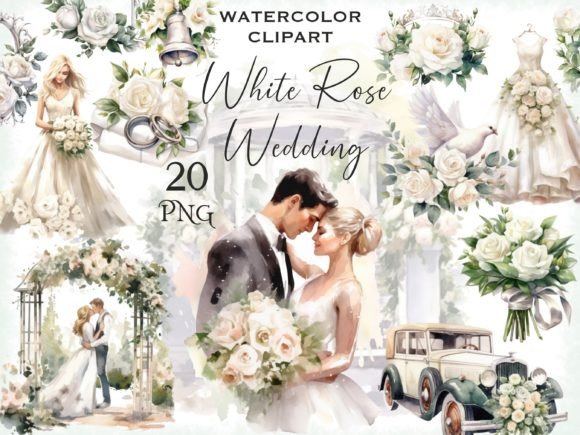 Watercolor White Rose Wedding Clipart Graphic Illustrations By FantasyDreamWorld