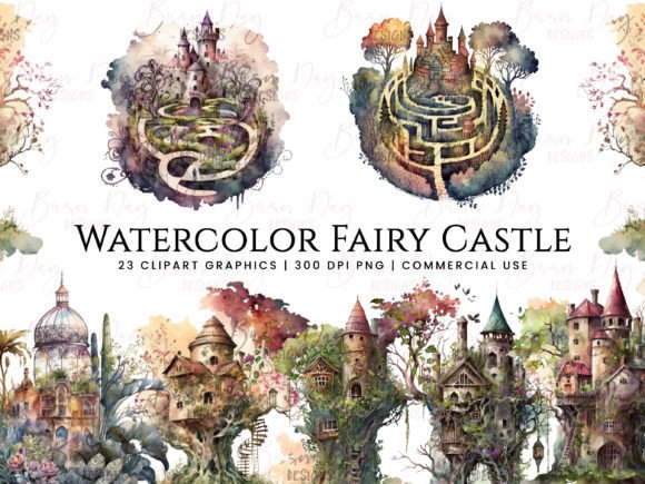 Watercolor Fairy Castle Clipart Bundle Illustration Illustrations Imprimables Par busydaydesign