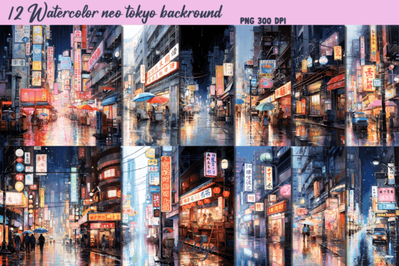 Watercolor Neo Tokyo in the Rain Graphic AI Illustrations By Rikkya