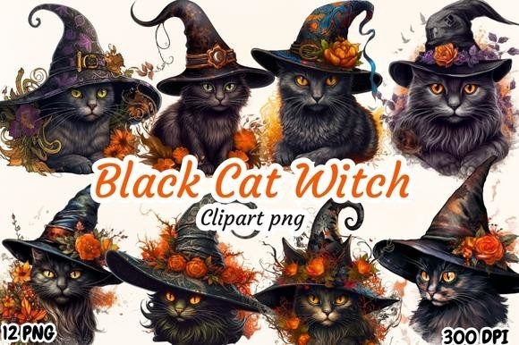 Black Cat Witch Flower Halloween Bundle Gráfico Ilustraciones Imprimibles Por A Design