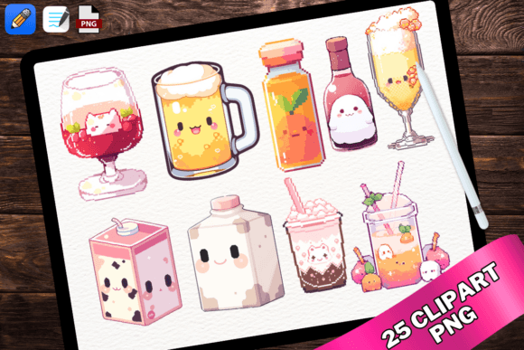 Cute Kawaii Drink Beverage Pixel Art PNG Graphic Illustrations By kraftcake