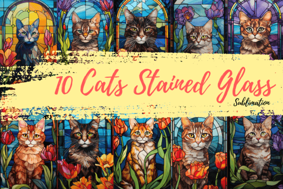 Cat Stained Glass Clipart, Flower Grafika Grafika AI Przez SlinlaShop