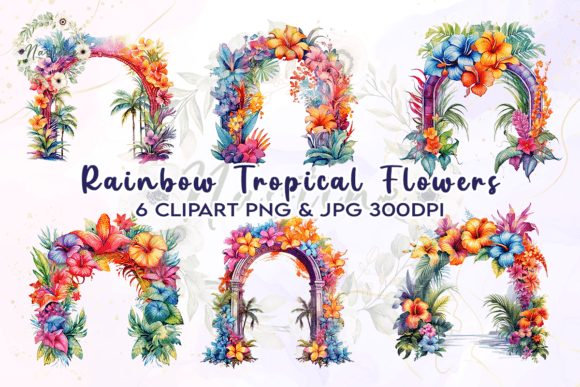 Rainbow Tropical Flowers Clipart Gráfico Manualidades Por Nastine