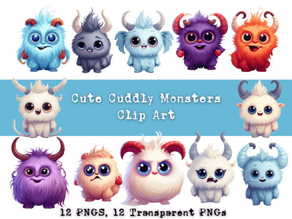 Adorable Baby Monster Clip Art Set - 12 Graphic AI Transparent PNGs By Jackie Schwabe