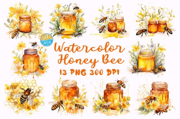 Watercolor Honey Bee Clipart PNG Bundle Grafik Druckbare Illustrationen Von Atelier Design
