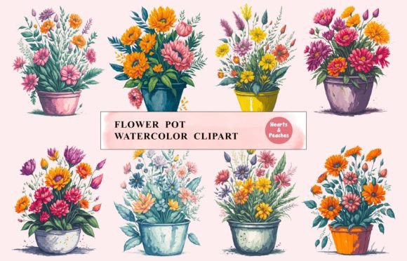 Flower Pot, Watercolor Clipart Bundle Grafica Illustrazioni Stampabili Di Hearts and Peaches