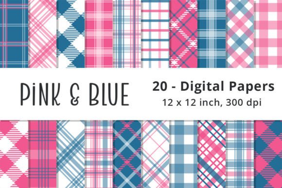 Pink and Blue Plaid Digital Pattern Pack Gráfico Patrones de Papel Por Lemon Paper Lab