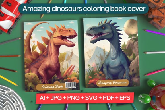 Amazing Dinosaurs Coloring Book Cover Afbeelding Kleurplaten & Kleurboeken Door RD Graphic