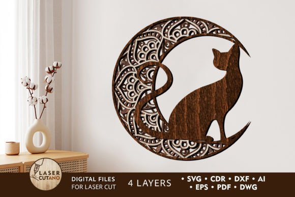 Mandala Moon and Cat, Multilayer Decor Graphic 3D SVG By LaserCutano