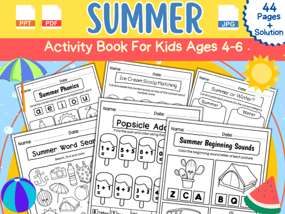 Summer Activity Book for Kids Ages 4-6 Illustration Feuilles de Travail et Matériel d'Enseignement Par Creative Zone