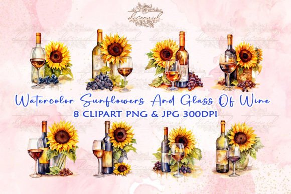 Watercolor Sunflowers and Glass of Wine Graphic Crafts By Diceenid