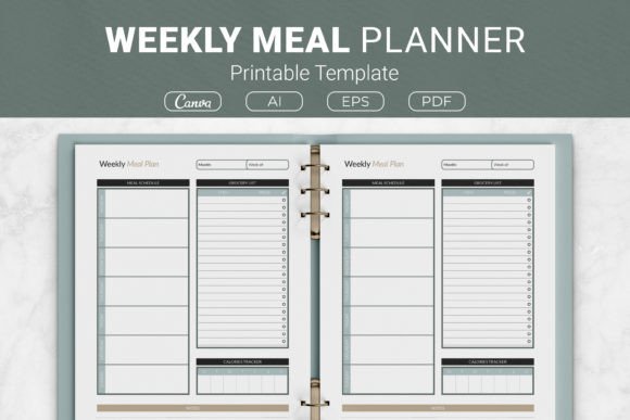 Weekly Meal Planner and Grocery List Graphic KDP Interiors By JUNDI