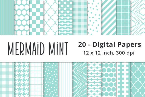 Mermaid Mint Digital Pattern Papers Gráfico Padrões de Papel Por Lemon Paper Lab